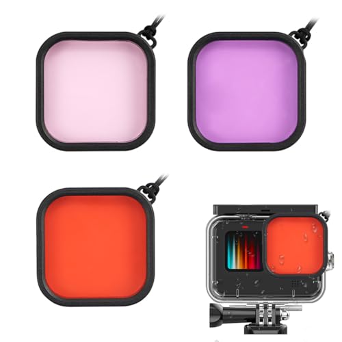 MOJOGEAR Lot de 3 filtres de plongée pour Gopro HERO 13 avec filtres rouge, magenta et rose pour correction des couleurs lors des prises de vue sous-marines, accessoires pour boîtier étanche MOJOGEAR