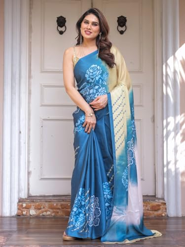 Image of ALMAARI FASHION Women's Floral Printed Georgette Satin Saree with Unstitched Blouse Piece | Traditional Ethnic Wear Sarees | Soft Lightweight Ethnic Office Wear Daily Wear Indian Sari (SG 181-190 F)