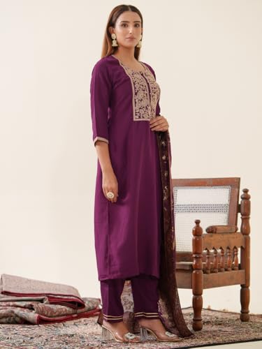 Image of Kaari Women's Embroidered Kurta Set with Pant & Dupatta | Ethnic Kurta Set for Women | Straight Fit | Round Neck | Festive, Wedding, Ceremony