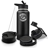 Isolierte schwarze Wasserflaschen mit Trinkhalm, 4 Deckel, breite Öffnung, Metall, Edelstahl, Vakuum, doppelwandig, für Herren, Sport-Wasserflaschen, hält kalt, BPA-frei