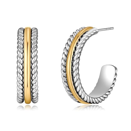 Gold and Silver Mixed Metal Earring Two Tone Studs Earrings for Women Chunky C Hoop Earrings Fashion Jewelry