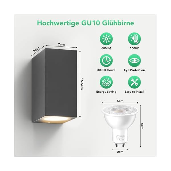 Wandleuchte Aussen Innen 2 Stück, IP65 Wasserdichte 10W Warmweiß 3000K Aluminium Eckig Außen Wandlampe Außenlampe mit GU10 Glühbirnen Außenleuchte für Garten Front Badezimmer Veranda Garage Anthrazit – Bild 5