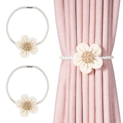 Nayyana 2 Stück Magnetische Vorhang Raffhalter, Blumen Vorhanghalter Gardinen Clip für Vorhänge Boho Deko, Einfach und Elegant Gardinenhalter Zugband, Seil Beige für Haus Dekoration