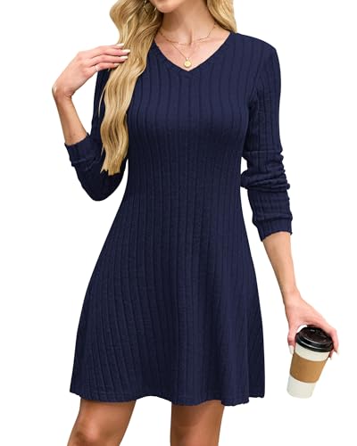AUSELILY Strickkleid Damen Herbst V Ausschnitt Herbstkleid Elegant Pulloverkleid Langarm Casual Kleid Winter Marineblau L