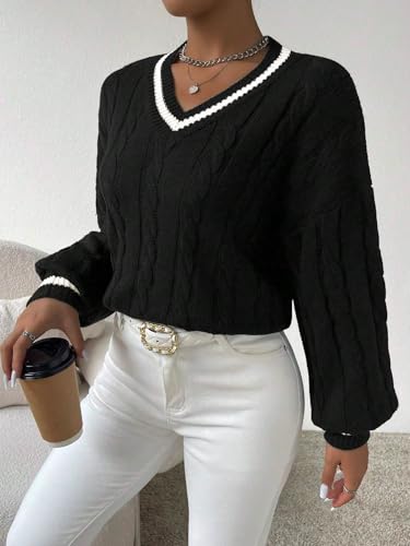 Image of ZAFUL Women's Cropped Sweater V-Neck Long Sleeve Pullover Jumper Knit Top | Crop Length, Ribbed Knit, Double V design, White sweater, Raglan sleeves, lantern sleeve, Fall & Winter, Loose fit, Oversized