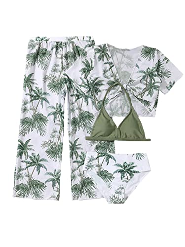 SOLY HUX Girl's 4 Piece Swimsuits Tropical Print Halter Bikini Set Bathing Suits with Kimono and Cover Up Pants White and Green 11-12Y