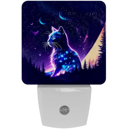 Image of NEWzone Fantasy Purple Starry Sky Cat Night Light [2 Pack], Plug in Wall Led Night Lights Decor for Boys Girls Room, Dusk to Dawn Sensor Wall Lamp for Stairway /Bedroom /Kitchen /Nursery Room