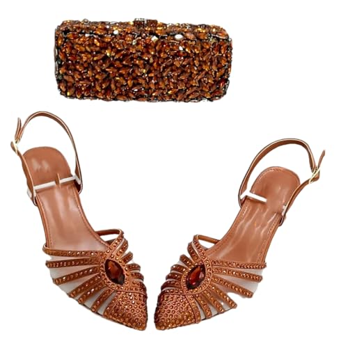 Sandales à talons hauts marron sangle en T et pochette de fête à cristaux