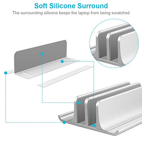 VAYDEER Vertikaler Laptop Ständer, Verstellbarer Laptop Ständer Vertikal, Aluminium 4 in 1 Laptopständer mit 2 Steckplatz Platzsparend für MacBook, Notebook, iPad, Laptops bis zu 17,3 Zoll - Silber – Bild 5