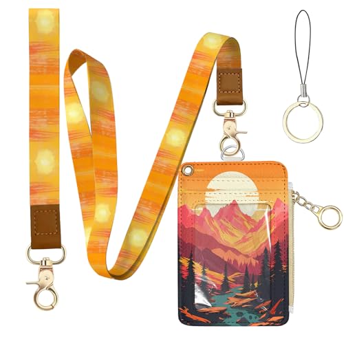 Sunset Leather Badge Holder with Zipper Pocket, Vintage Mountain Work Lanyards and 1 Zip Pocket and 4 Card Slots, Pink Bow Breakaway Lanyards with Metal Clasp for Boys, Adult, Teachers