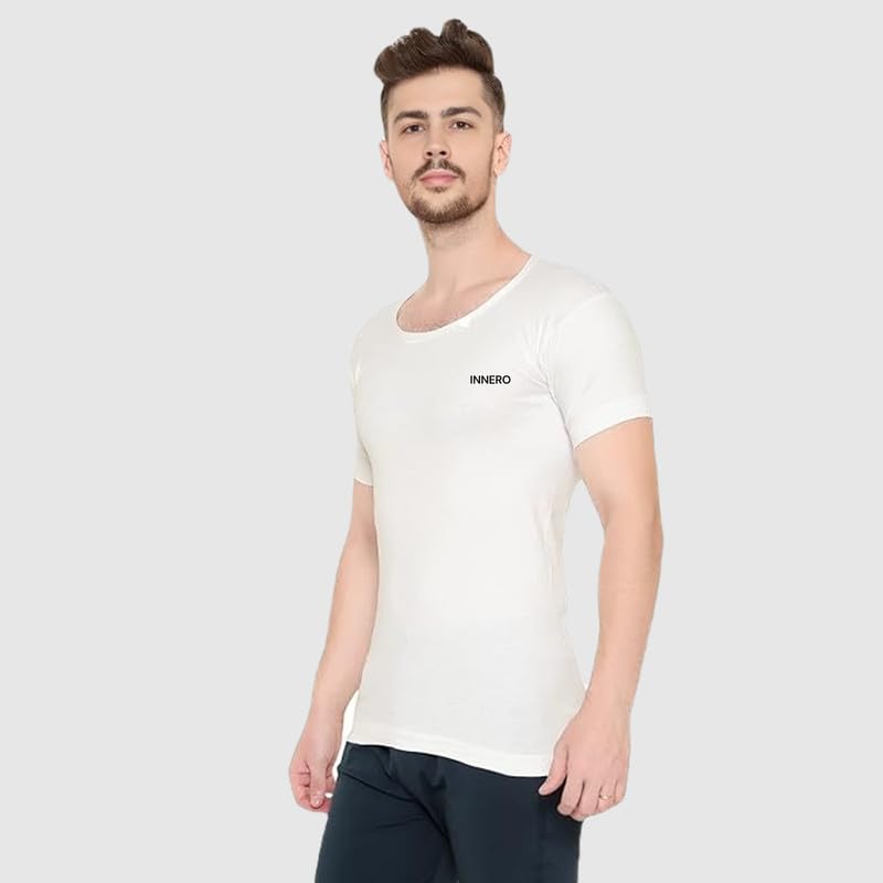 Image of INNERO Men's Vest with Sleeves | Cotton Half Sleeve Round Neck Vest, Baniyan, Ganji, Undershirt (White)