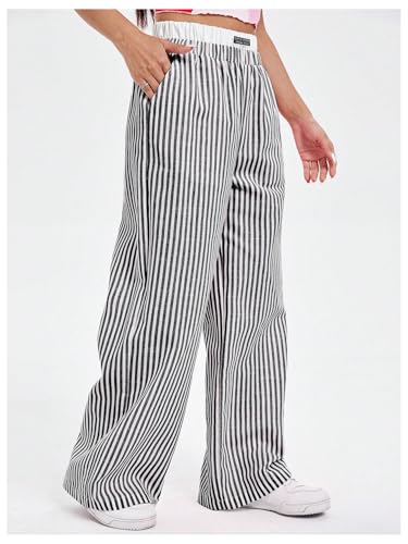 OYOANGLE Women's Colorblock Striped Print Pants Y2K High Elastic Waist Loose Wide Leg Pants with Pockets4