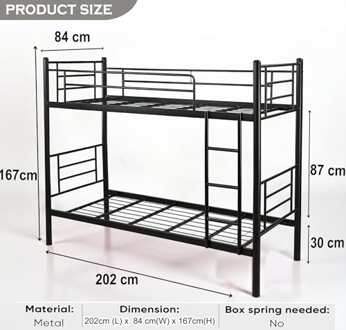 Image of Spacecrafts Convertible Bunker Cot 1+1 | Twin Metal Bunk Bed Frame with Ladder | Metal | Space-Saving Design | Sturdy Guardrails | Frame only | Mattress Not Included (Size: L:202, W:84, H:167 CM)