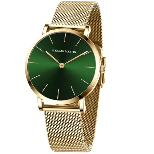 Image of HANNAH MARTIN Gold Watches for Women, 36mm Luxury Vintage Round Case, 220mm Stainless Steel Band, Analog Quartz Dress Watch 3ATM Water Resistant with Wristband Adjustment Tool, Green/Gold-36mm
