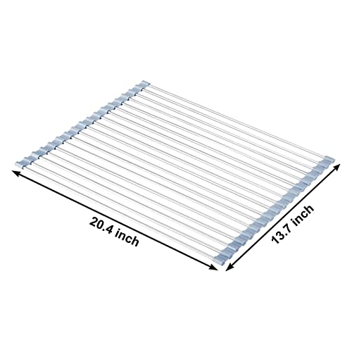 Over The Sink Dish Drying Rack, Roll Up Dish Drying Rack Kitchen Dish Rack Stainless Steel Sink Drying Rack, Foldable Dish Drainer, Gray (20.4''x13.7'')