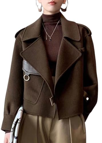 utcoco Women Cropped Wool Coats Warm Pea Coat Notched Lapel Open Front Trench Overcoat Jackets with Pockets