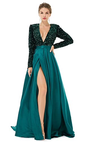 Women's Long Sleeves Deep V-Neck Sequins Split Evening Dress