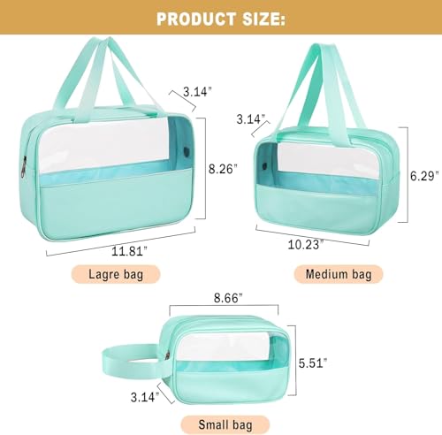 Image of KBS Toiletry Kit Cosmetic Makeup Storage Organizer Clear Styilish Wash Bag Pouch Set of 3 for Travel Luggage Transparent with Metal Zipper Gift for Men Women Girls (Cyan)