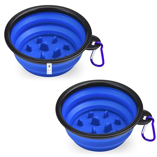 Image of Foodie Puppies Collapsible Slow Feeding Silicone Foldable Bowl for Small Dogs & Puppies - (Sluggish Bowl, 350ml) (Pack of 2), Pet Feeding Watering Dish for Walking, Traveling with Carabiners