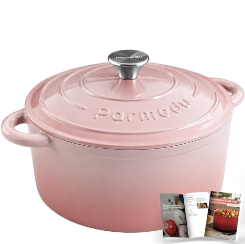 Parmedu 5.5QT Enameled Cast Iron Dutch Oven for Sourdough Bread Slow Cooking & Home Meals Beginner-Friendly Pot for Artisan Bread with Crispy Crust & Airy Interior Easy to Clean PFAS Free (Pink)