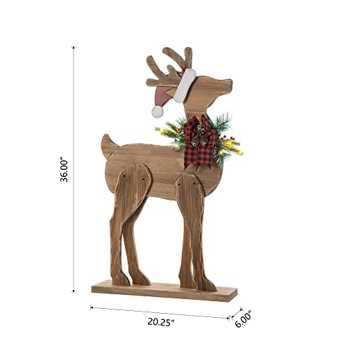 Image of Glitzhome 36 inch H Lighted Wooden Christmas Chunky Reindeer Porch Sign Standing Deer Porch Decor Rustic Merry Christmas Welcome Sign Holiday Party Outdoor Indoor Xmas Decorations