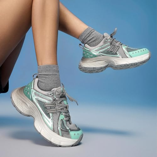 Image of BEAU TODAY Chunky Sneakers for Women, Womens Fashion Sneakers, Lightweight Leather Sneakers for Women, Comfortable Casual Lace-Up Breathable Dad Shoes