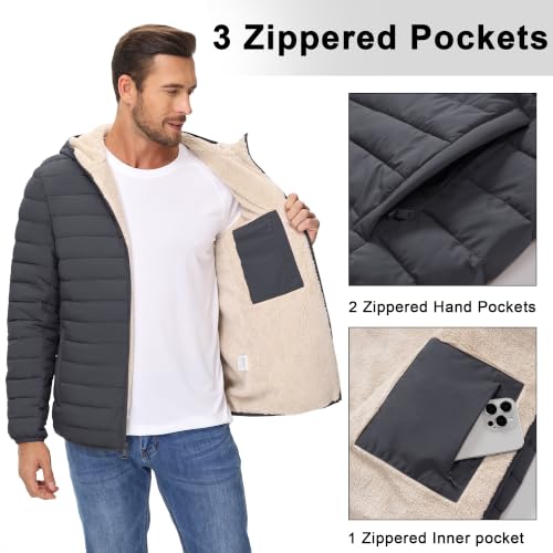 Image of Cotrasen Mens Puffer Jacket Sherpa Lined Water Resistant Hooded Full Zip Mid-Weight Warm Insulated Winter Coat