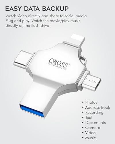 Image of CROSS 256 GB Pendrive, 4 in 1 Flash Drive with Lightning, Micro USB, USB A, Type-C Interface PenDrive for iPhone & Android Compatible with Phone, Pad, Android, PC