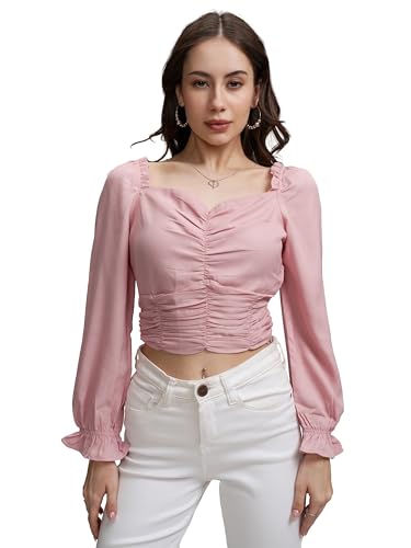 Image of Tokyo Talkies Women's Square Neck Ruched Crop Top | Puff Sleeves | Chic & Flattering | Perfect for Casual & Dressy Outings | Tops for Woman | Women Tops | Stylish Top
