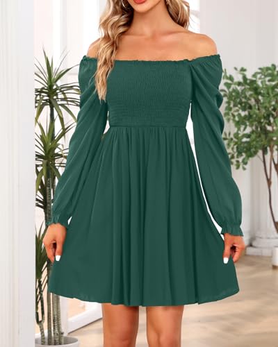 Image of Holipick Women's Casual Square Neck Smocked Dress Shirred Ruffle Puff Sleeve High Waist Cute Flowy A-Line Short Dress
