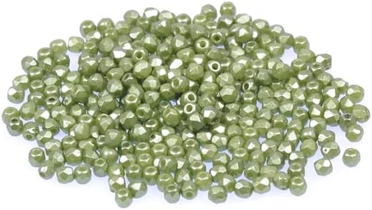 120pcs Fire Polished Faceted Beads Round 2 mm, Chalk White Laser Etched Decor On Olive (3000-25034), Bohemia Crystal Glass, Czechia 15119001