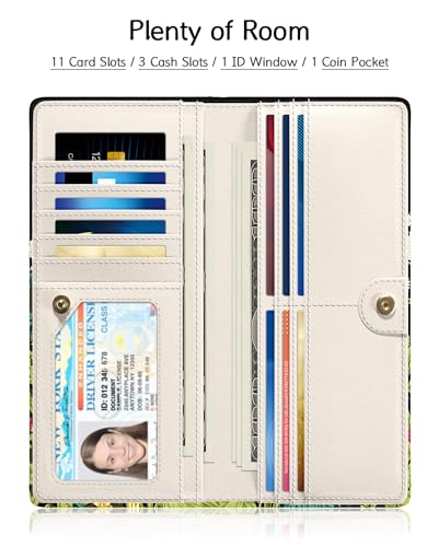 Image of Nipichsha Womens Wallet, RFID Slim Wallets for Women, Thin Ladies Credit Card Holder Purse, Cute Leather Bifold Clutch Billfold with 11 Card Slots & ID Window, Dandelion