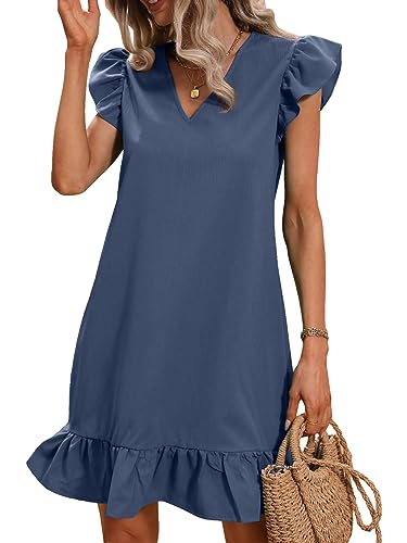 Image of Floerns Women's Solid V Neck Ruffle Trim Cap Sleeve Summer Tunic Dress