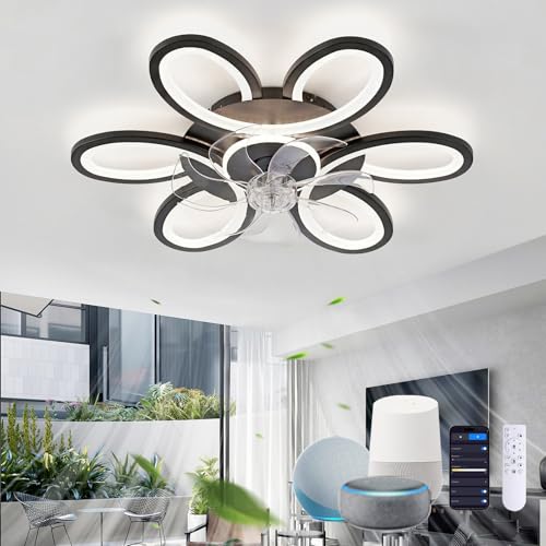 Flower Ceiling Fan Lights with Remote Control, LED Dimmable Silent Ceiling Light with Fan, DC 6 Speed Ceiling Fans with Lamps Google Assistant/Alexa for Bedroom Living Room, Black