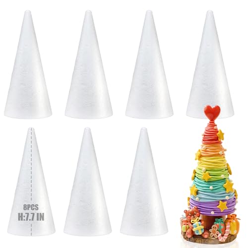 8 Pack Styrofoam Cones for Craft 7.7x3in Craft Foam Tree Cones White Small Polystyrene Foam Cones for Craft Use for DIY Art Projects Christmas Tree Holiday Decor (7.7 * 3in-8pc)
