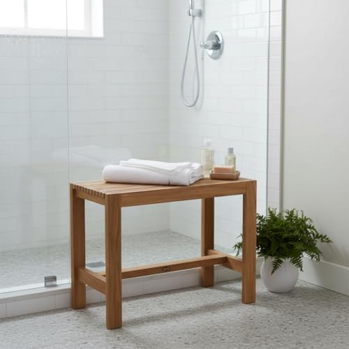Image of Wooden Shower Bench, Natural Teak, Slatted Top Design, Bathroom Stool with Storage Shelf