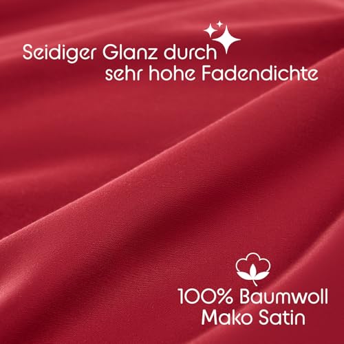 Blumtal Mako Satin Bettwäsche 200x220 Set & 2X 80x80 cm Kissenbezug Rot - Oeko Tex Zertifizierte Satin Bettwäsche aus 100% Baumwolle… – Ansicht 4