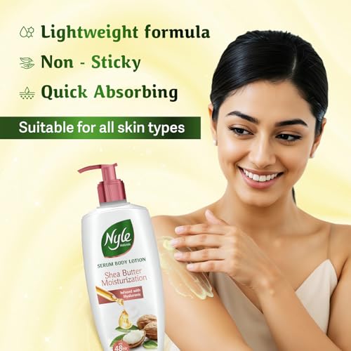 Image of Nyle Serum Body Lotion for All Skin Types | Shea Butter + Hyaluronic + Vitamin B5 | Lightweight, Non-Sticky | 48H Moisturization | Deep Nourish & Soft Skin | 400ml