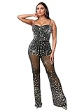 Owzwz Sequin Feather Trim Jumpsuit | Sparkle Spaghetti-Strap Jumpsuits for Women,Holiday Party Outfit,New Year’s Eve Dressy Romper,Stretch Lined,Cocktail,Evening Wear,Clubwear(Black,L,6556)