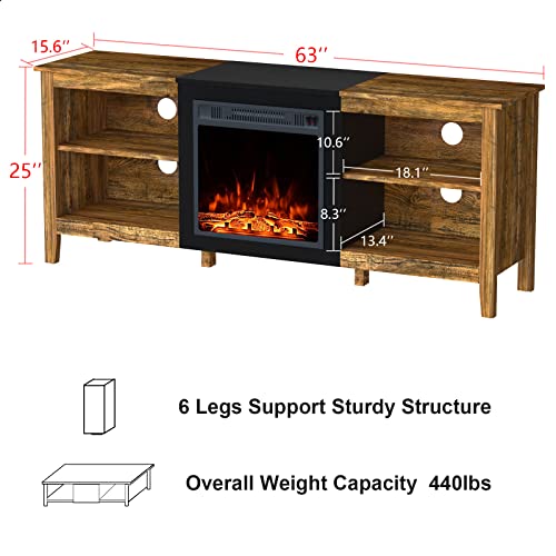 Fireplace Tv Stand Up To 70 Inch, Large Industrial Entertainment Center With Storage, Farmhouse Console Table With Electric Fireplace For Living Room, Rustic Brown #TOP2