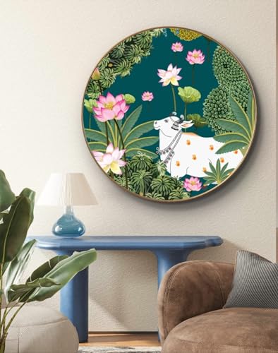 Image of SAF Large Round Pichwai Cow Wall Painting with golden frame Vinyl Sparkle laminated||Home decor Painting,Living Room, Bedroom,Office Room Decor - Painting for Wall Decoration GR-03