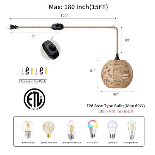 Image of 15ft Plug in Pendant Light with Cord Dimmable Switch | Rattan Hanging Lamp with Hand Woven Wicker Plug in Chandelier Boho Hanging Lights Fixture for Bedroom kitchen Hallway Foyer