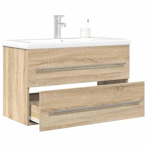 Runheo Juego de 2 muebles de baño de roble Sonoma, madera, 80 x 38,5 x 48 cm, con lavabo de cerámica, montaje en pared, para baño, pedestal sink storage