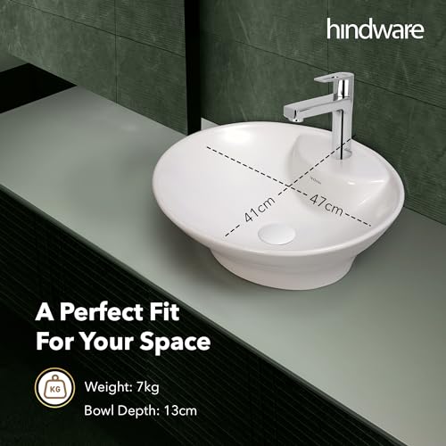 Image of Hindware Evita Table Top Wash Basin for Bathroom | Made of Ceramic | Star White | Oval Shape | Over the Counter Basin