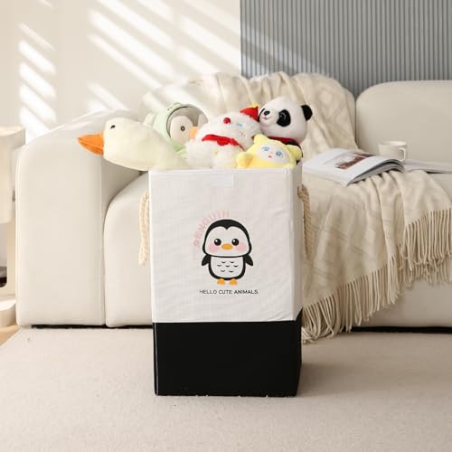 Image of HOKIPO Foldable Laundry Basket for Clothes with Lid, Black - Penguin (AR-5317-BLK), 53cm, 35cm