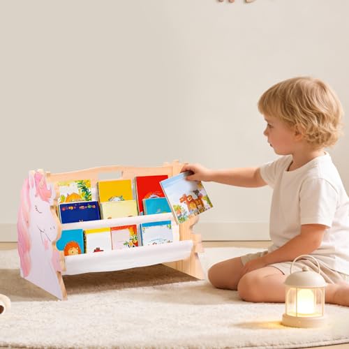 Kids Bookshelf Double Sided 4 Tier Portable Wood Toddler Montessori Book Shelf for Kid Room Nursery Bedroom Playroom (Pink)