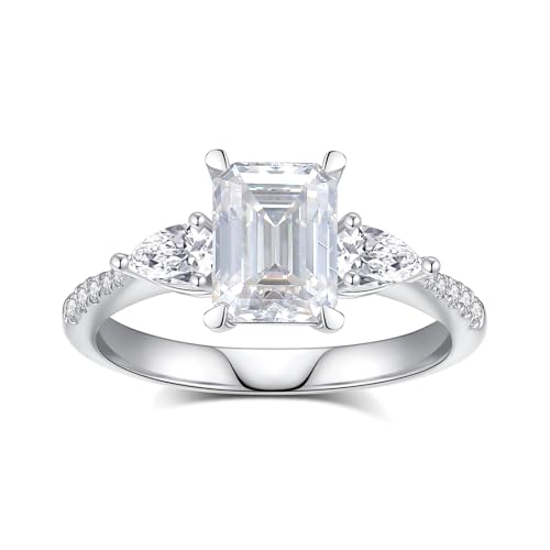Moissanite Engagement Rings for Women,Emerald Cut D Color VVS1 Moissanite Ring,Sterling Silver Plated 18K White Gold Wedding Band Ring for Women