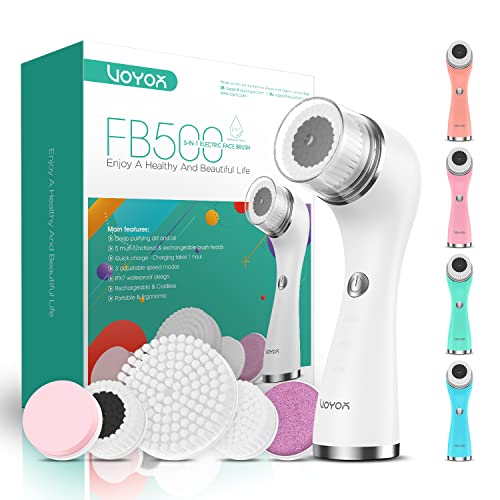 VOYOR 5 En 1 Recargable Cepillo Limpiador Facial Electrico Limpieza Facial Minimizador de Poros Removedor de Piel Muerta Cepillo Removedor de Maquillaje Cepillo Limpiador Corporal FB500 (Blanco)