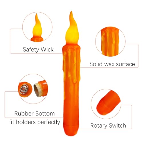 Image of 4pcs Orange Real Wax LED Tapered Candles, Battery Operated, Remote Controlled, 6inches, Perfect for Weddings, Decorations, Emergency Use