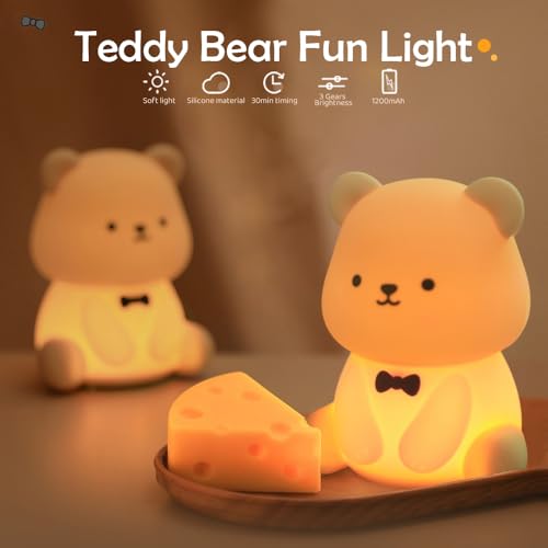 Image of S NMT Silicone Teddy Bear Night Light for Kids Room, Rechargeable 7 Colors Changeable 3 Level Brightness Timing Sleeping Lamp Kawaii Nursery Night Lights for Kids Room Gift Decor